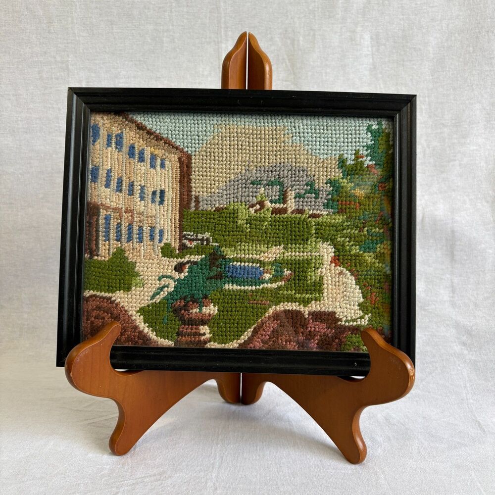 Vintage Framed Needlepoint Garden Landscape Peacock Fiber Art 10x8